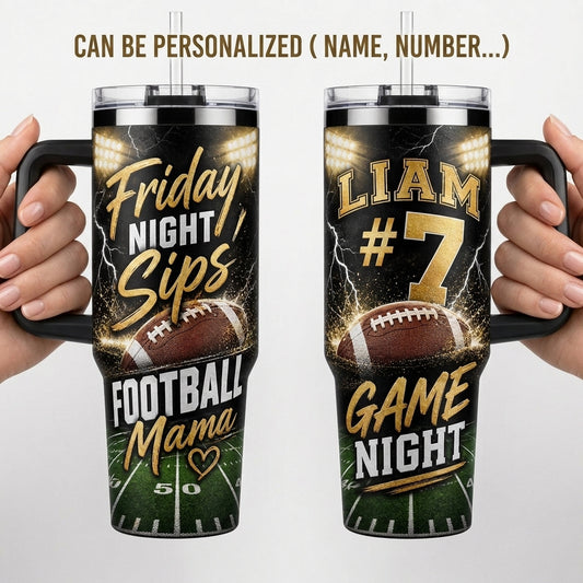 Personalized Football Mama 40oz Tumbler with Handle - Custom Name & Number Game Night Cup