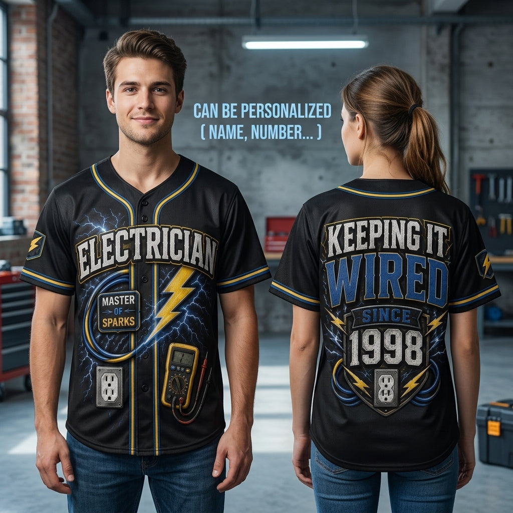 Personalized Electrician Baseball Jersey - Custom Name and Year Master of Sparks Gift