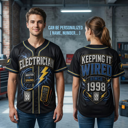 Personalized Electrician Baseball Jersey - Custom Name and Year Master of Sparks Gift