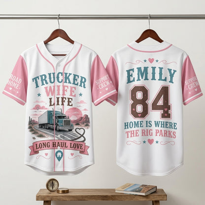 Personalized Trucker Wife Life Baseball Jersey - Custom Name & Number Long Haul Love Gift
