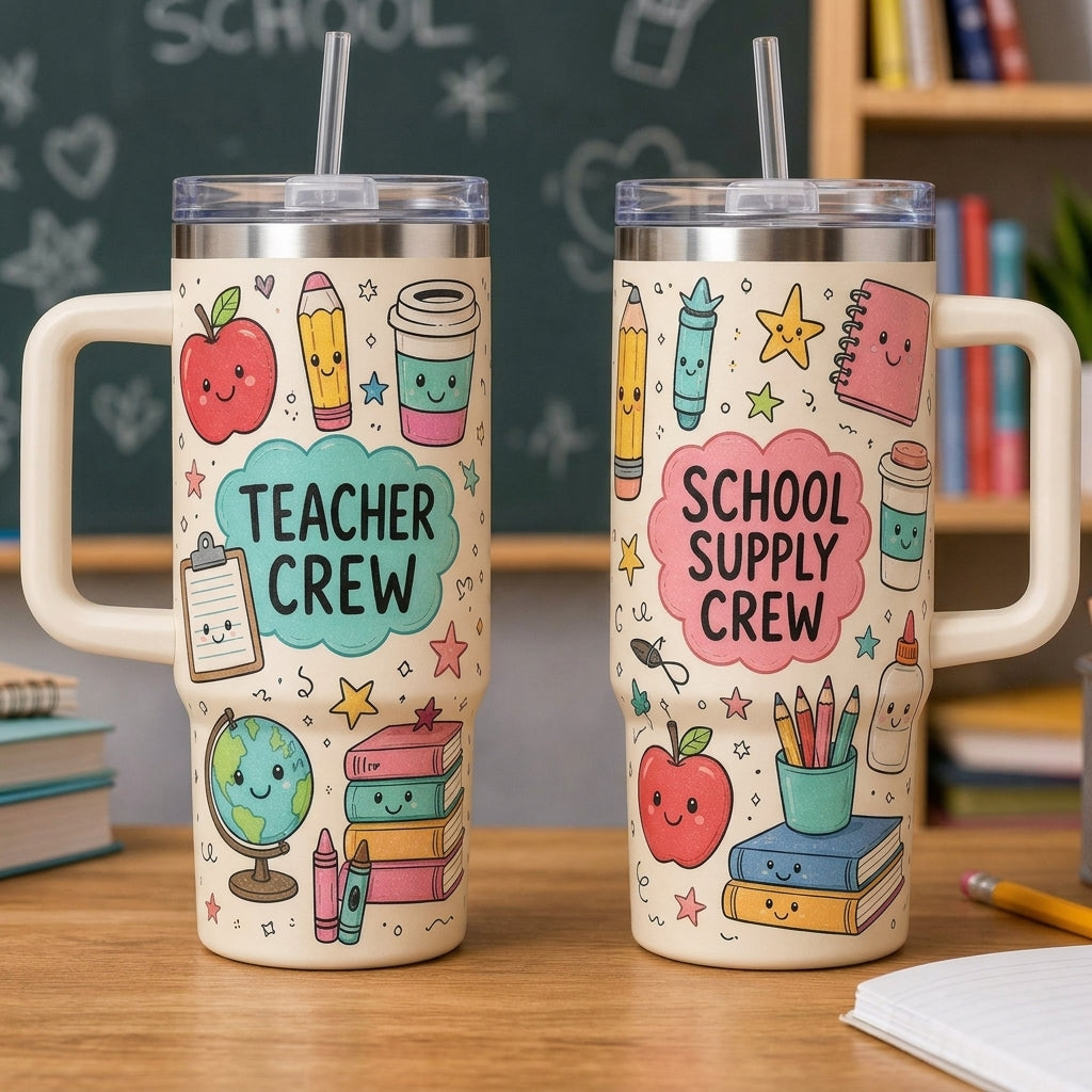 Teacher Crew Personalized 40oz Tumbler with Handle - Cute Kawaii School Supplies Design Gift for Teachers & Educators