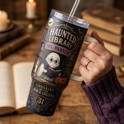 Personalized Haunted Library 40oz Tumbler with Handle, Custom Librarian Book Lover Halloween Gift