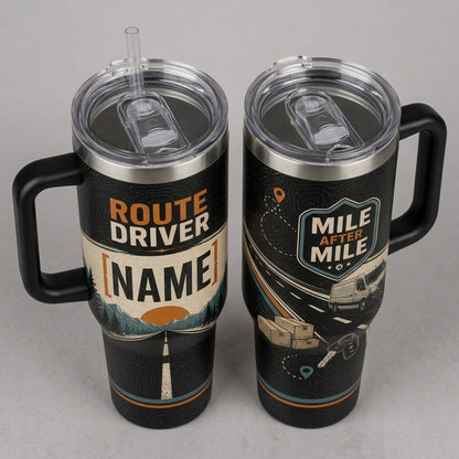 Personalized Route Driver 40oz Tumbler with Handle - Custom Name Delivery Driver Gift - Mile After Mile Travel Mug - 40oz tumbler mockup 5