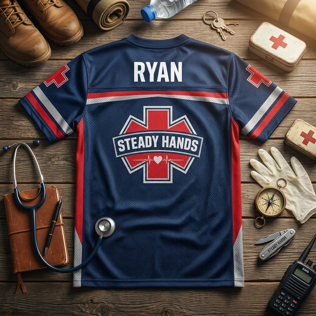Personalized EMT Football Jersey - Steady Hands Strong Heart Custom Name First Responder Apparel