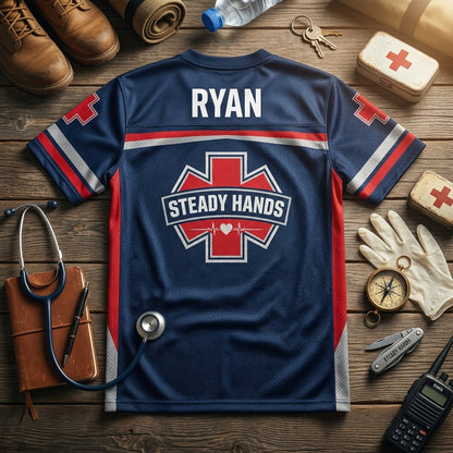 Personalized EMT Football Jersey - Steady Hands Strong Heart Custom Name First Responder Apparel