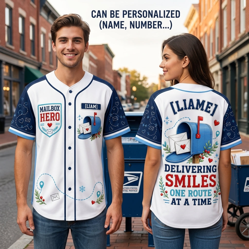 Personalized Mailbox Hero Baseball Jersey - Custom Name Postal Worker Gift - Delivering Smiles Mail Carrier Shirt - baseball jersey product view 2