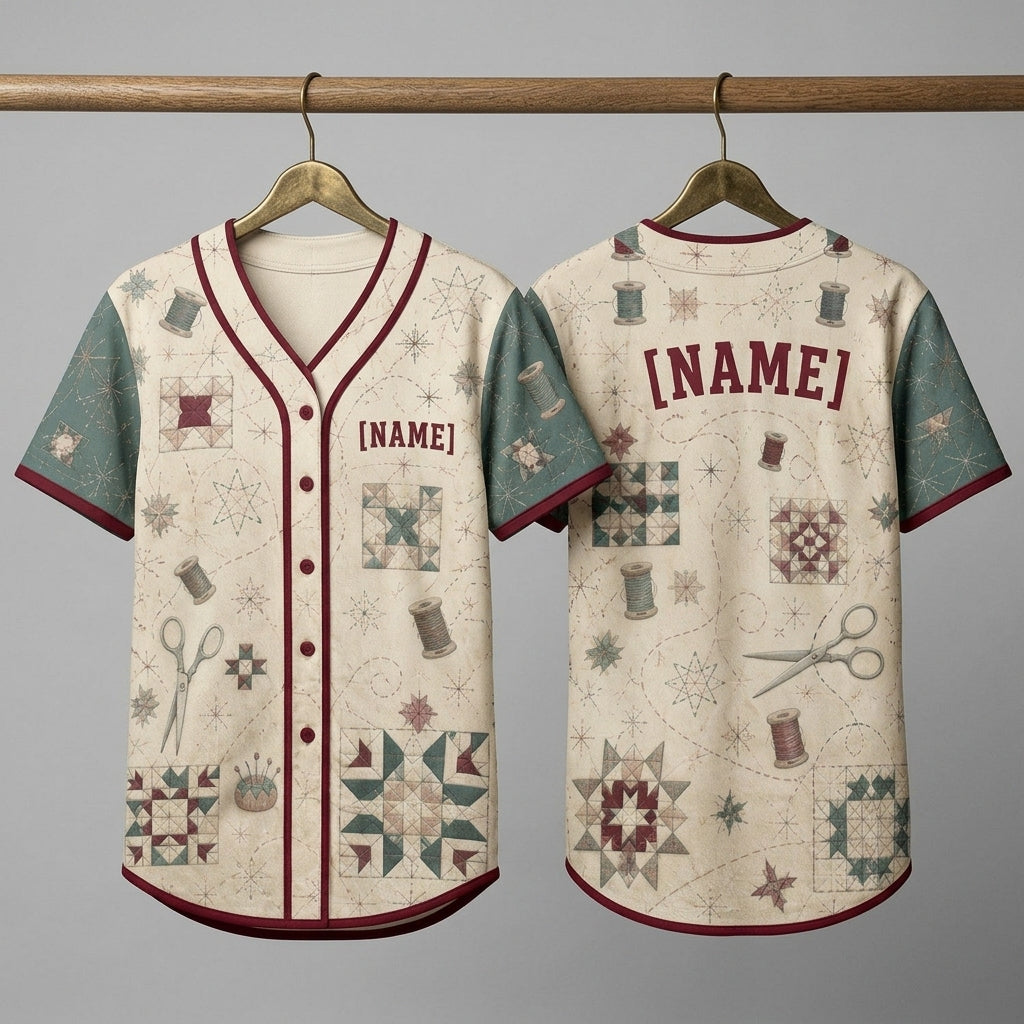Personalized Quilting Pattern Baseball Jersey - Custom Name Sewing & Crafting Enthusiast Button-Up Shirt