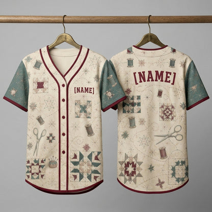 Personalized Quilting Pattern Baseball Jersey - Custom Name Sewing & Crafting Enthusiast Button-Up Shirt