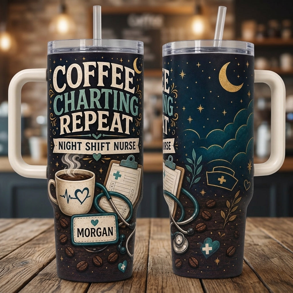 Personalized Night Shift Nurse 40oz Tumbler with Handle - Coffee Charting Repeat Custom Name Gift