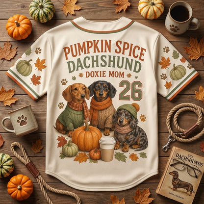Personalized Pumpkin Spice Dachshund Baseball Jersey - Custom Doxie Mom Fall Crew Shirt