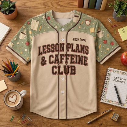 Personalized Teacher Baseball Jersey - Lesson Plans & Caffeine Club Custom Name and Room Number
