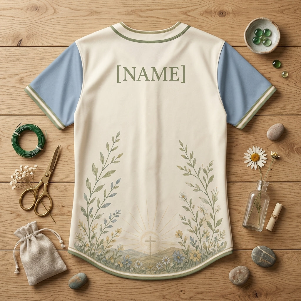 Personalized Wildflower & Sunrise Faith Baseball Jersey - Custom Name Nature Inspired Christian Button-Up Shirt