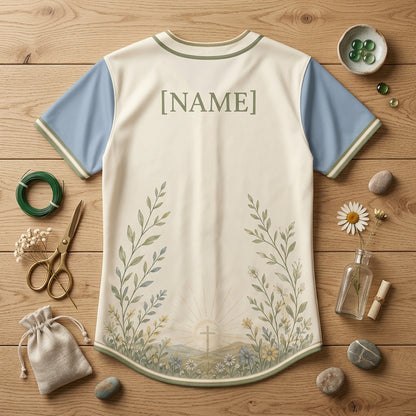 Personalized Wildflower & Sunrise Faith Baseball Jersey - Custom Name Nature Inspired Christian Button-Up Shirt