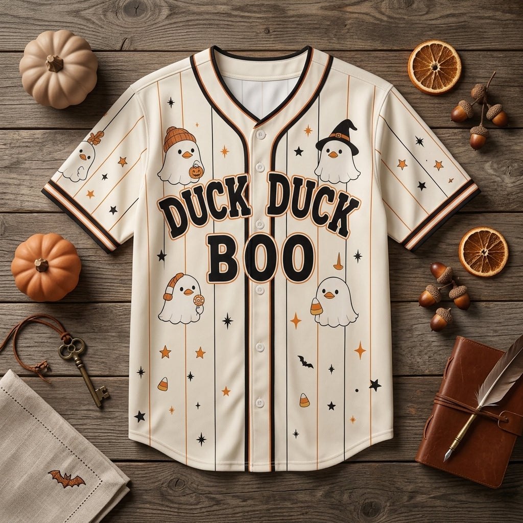 Personalized Duck Duck Boo Halloween Baseball Jersey - Custom Name Cute Ghost Duck Pinstripe Sporty Outfit