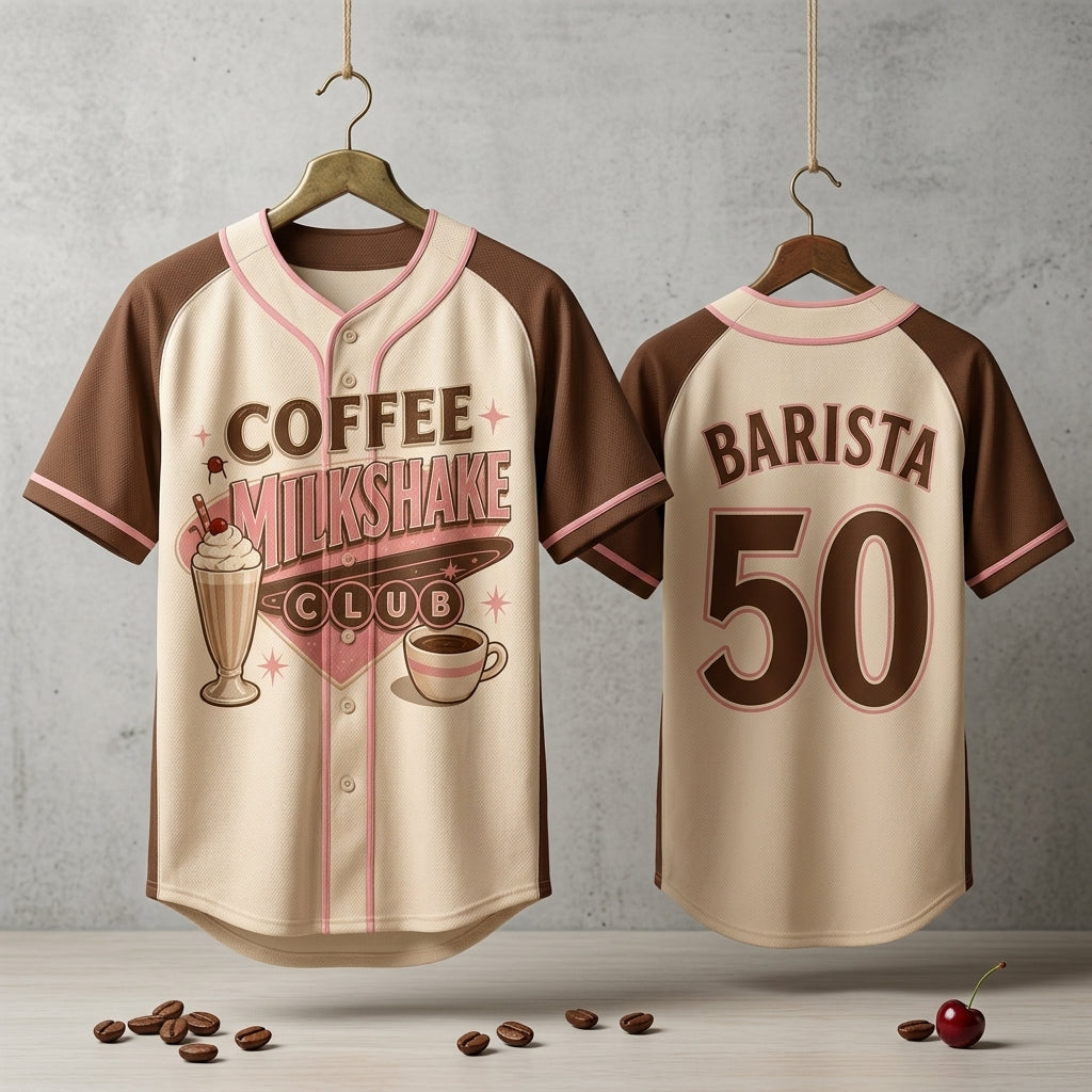 Personalized Coffee Milkshake Club Baseball Jersey - Retro Barista Gift - Custom Name and Number Vintage Jersey