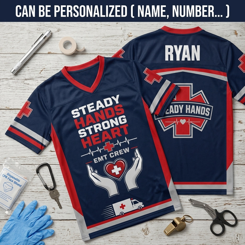 Personalized EMT Football Jersey - Steady Hands Strong Heart Custom Name First Responder Apparel