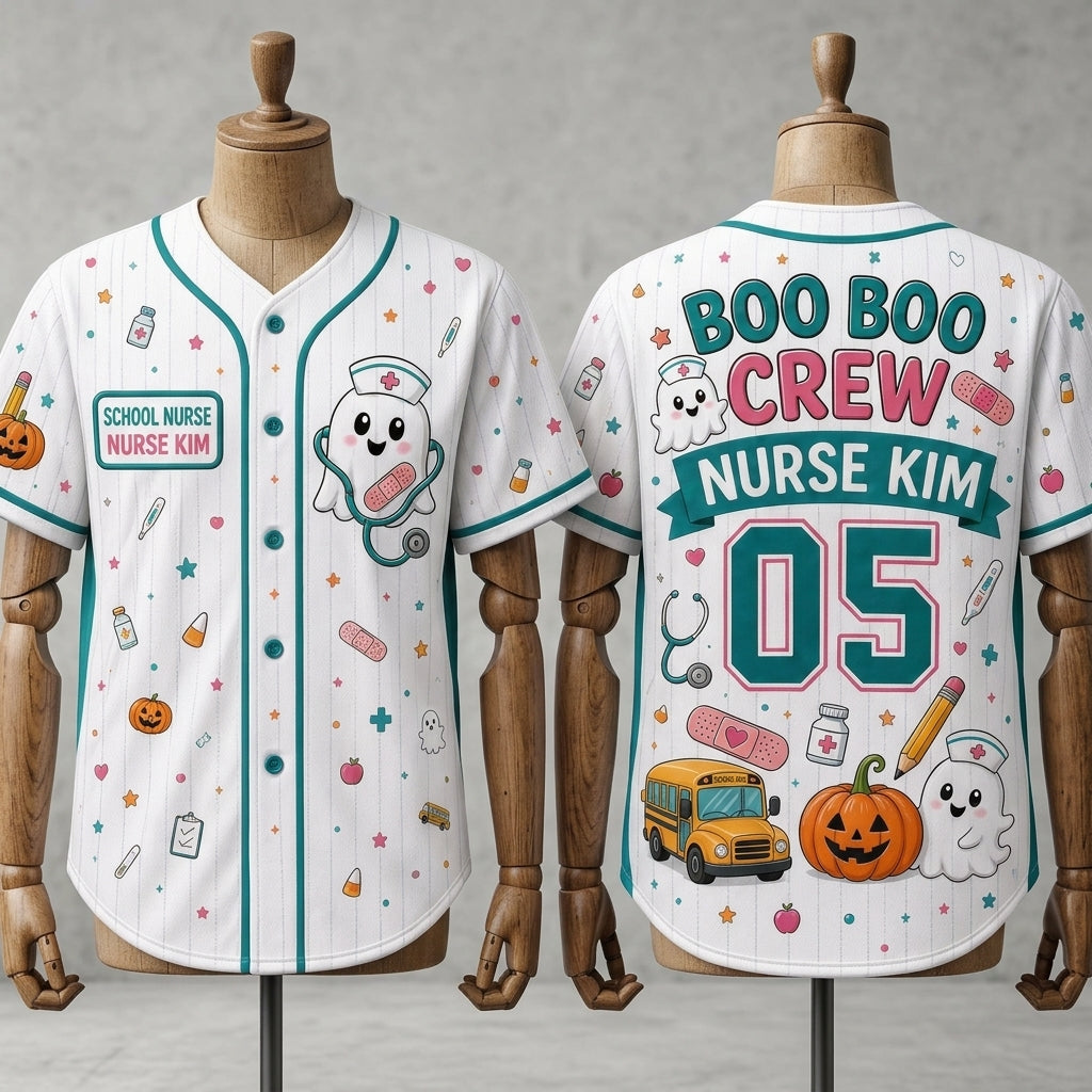 Personalized Boo Boo Crew School Nurse Baseball Jersey - Custom Name Ghost Halloween Jersey Gift
