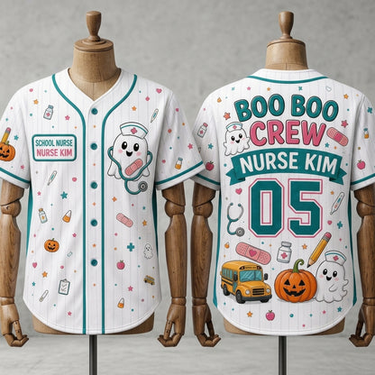 Personalized Boo Boo Crew School Nurse Baseball Jersey - Custom Name Ghost Halloween Jersey Gift