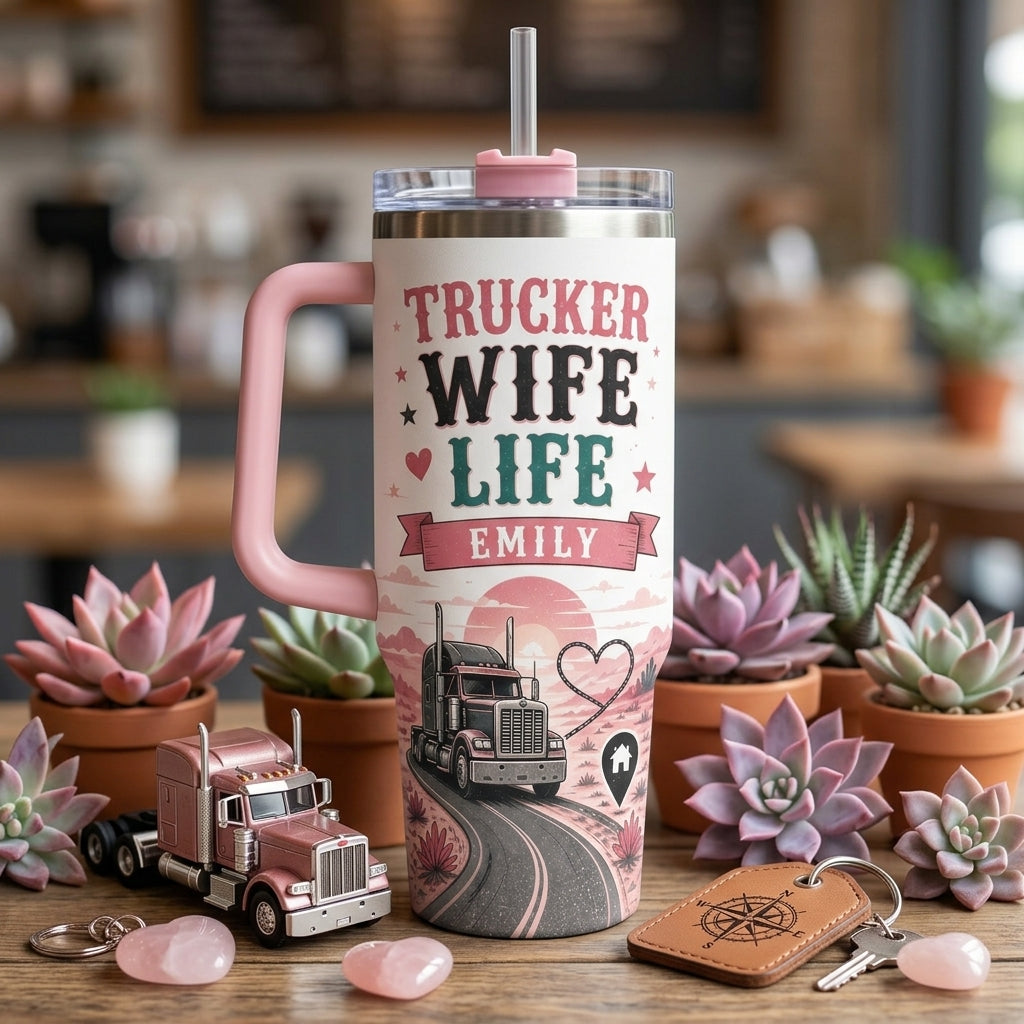 Personalized Trucker Wife Life 40oz Tumbler with Handle - Custom Name Long Haul Love Gift