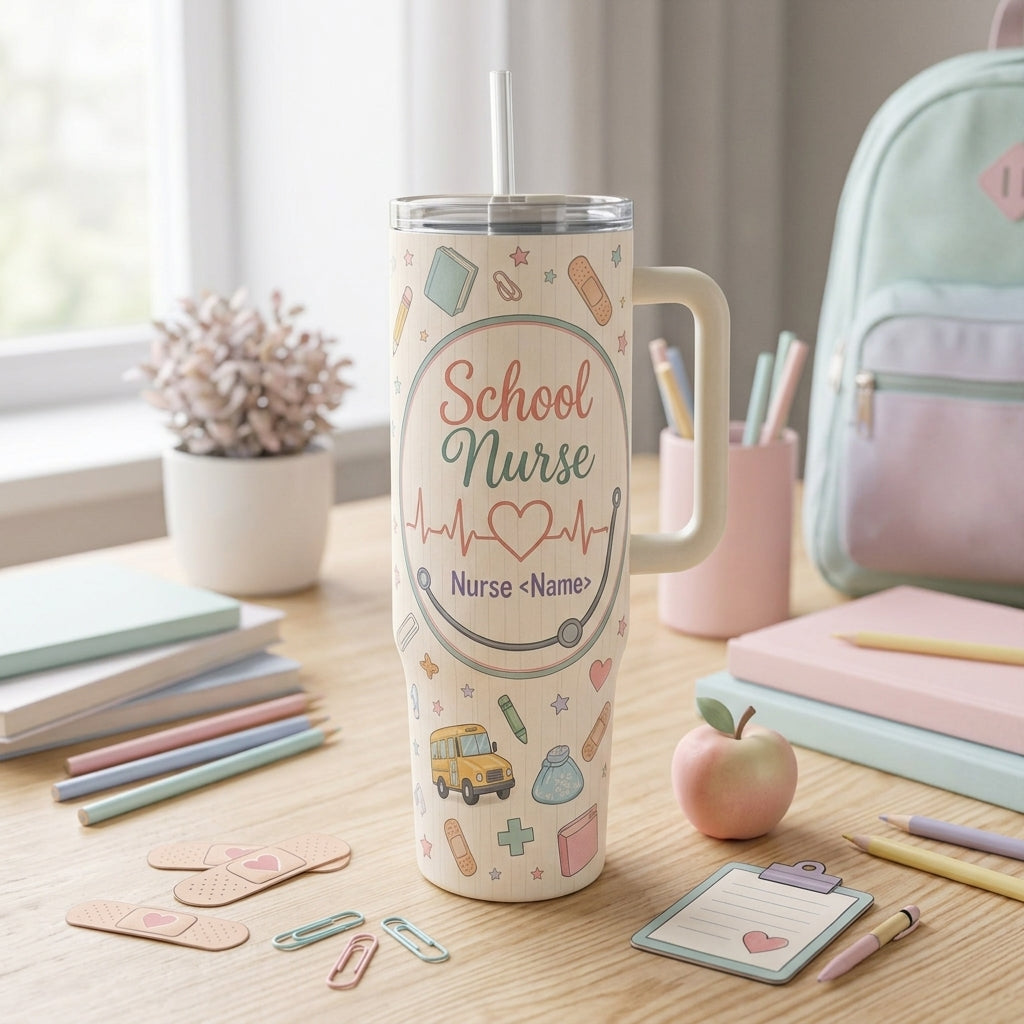 Personalized School Nurse 40oz Tumbler with Handle, Custom Name Medical Doodle Travel Mug Gift