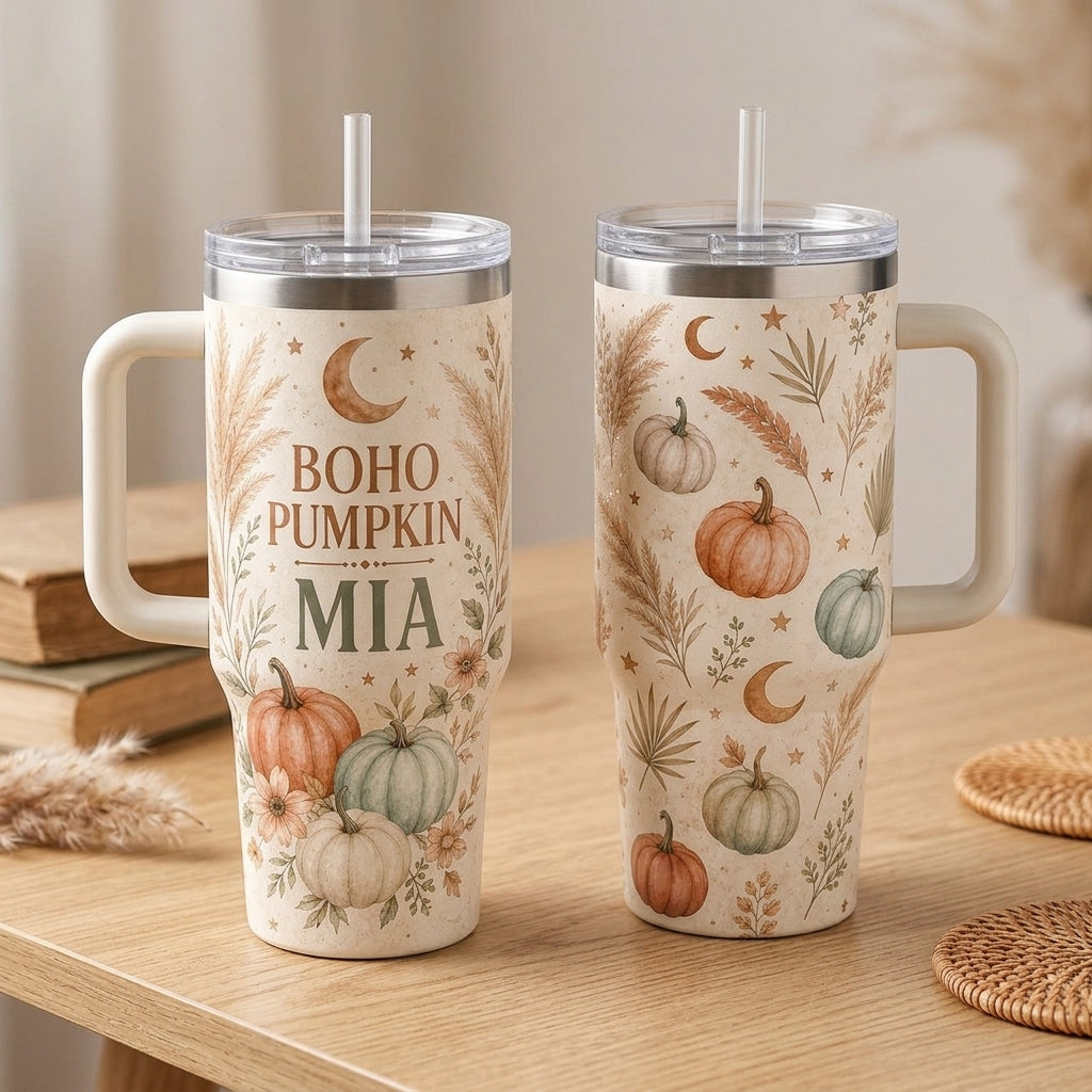 Personalized Boho Pumpkin 40oz Tumbler with Handle, Custom Name Autumn Travel Mug, Earthy Bohemian Gift