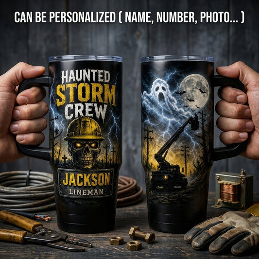 Personalized Haunted Storm Crew Lineman 40oz Tumbler with Handle, Custom Name Utility Worker Gift