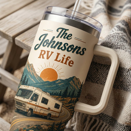 Personalized RV Life 40oz Tumbler with Handle - Custom Name Road Trip Gift for Campers