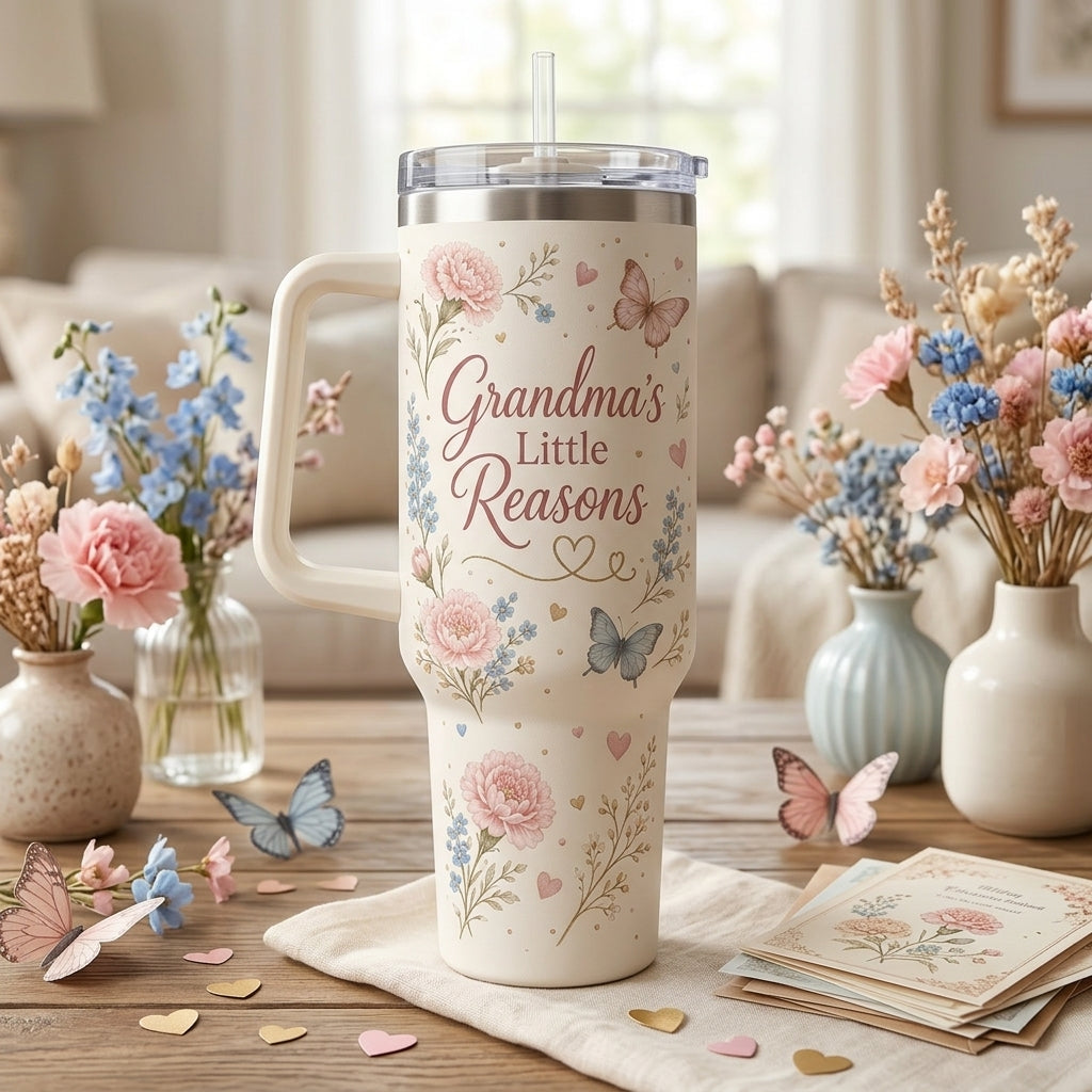 Personalized Grandma's Little Reasons 40oz Tumbler with Handle, Custom Grandkids Names Floral Mug