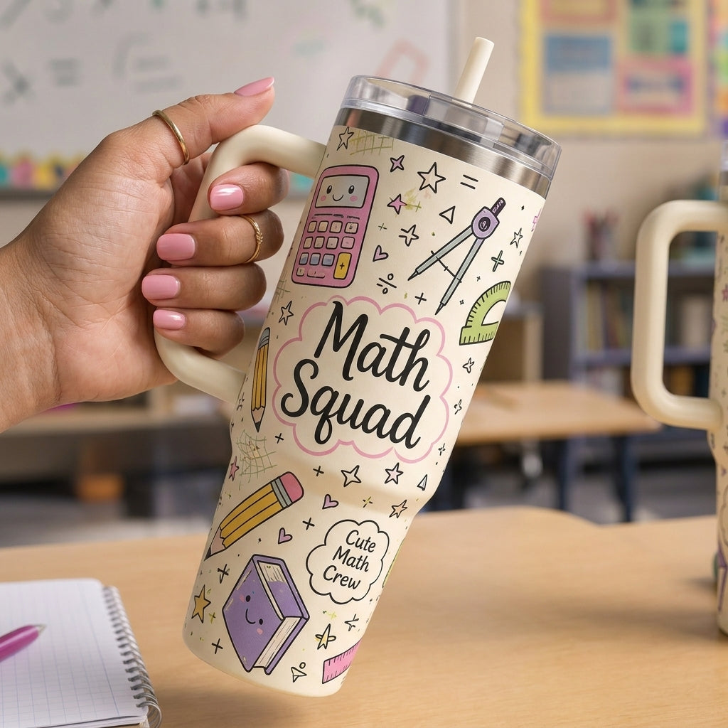 Personalized Math Squad 40oz Tumbler with Handle, Custom Name Math Teacher Gift, Cute Math Crew Travel Mug