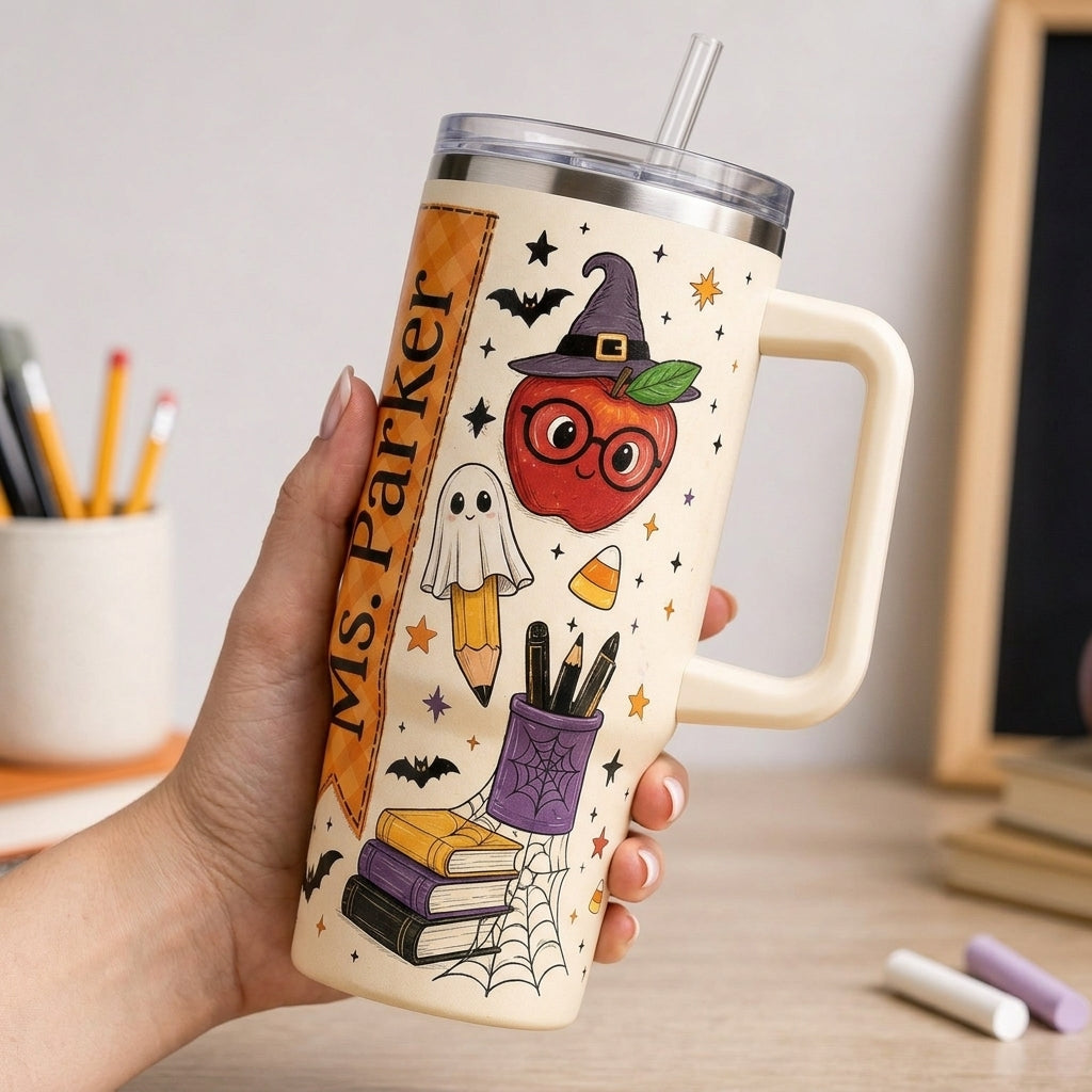 Personalized Spooky Teacher Crew 40oz Tumbler with Handle - Custom Name Halloween Teacher Gift