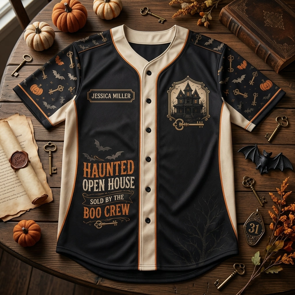 Personalized Haunted Open House Baseball Jersey - Custom Name Realtor Boo Crew Halloween Shirt