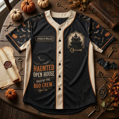 Personalized Haunted Open House Baseball Jersey - Custom Name Realtor Boo Crew Halloween Shirt