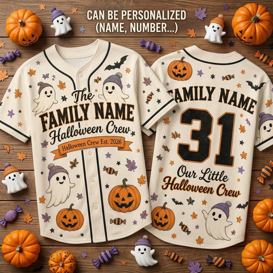 Personalized Family Name Halloween Crew Baseball Jersey - Custom Ghost and Pumpkin Spooky Season Matching Shirt