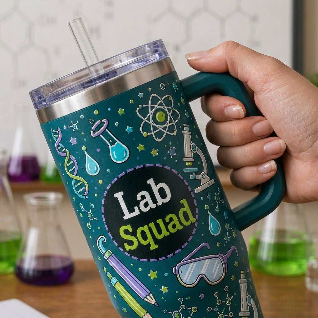 Personalized Science Teacher 40oz Tumbler with Handle - Custom Name Lab Squad Hydration Lab Gift
