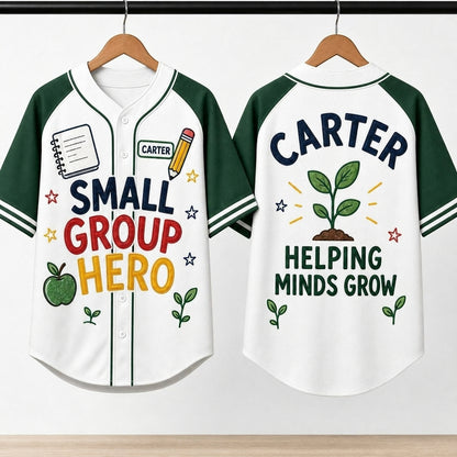 Personalized Small Group Hero Baseball Jersey - Custom Teacher Appreciation Gift - Helping Minds Grow Educator Shirt