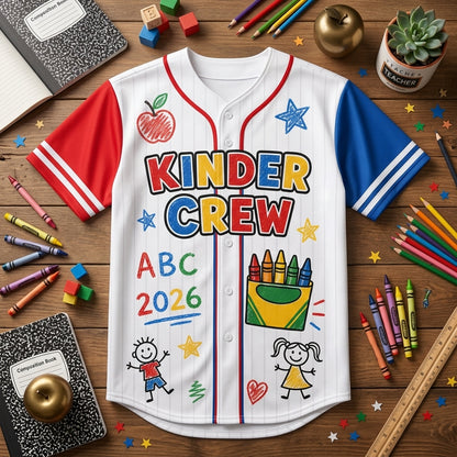 Personalized Kinder Crew Teacher Baseball Jersey - Custom Name & Number Back to School Gift