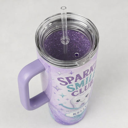Personalized Sparkle Smile Club 40oz Tumbler with Handle - Custom Name Gift for Dental Hygiene Crew