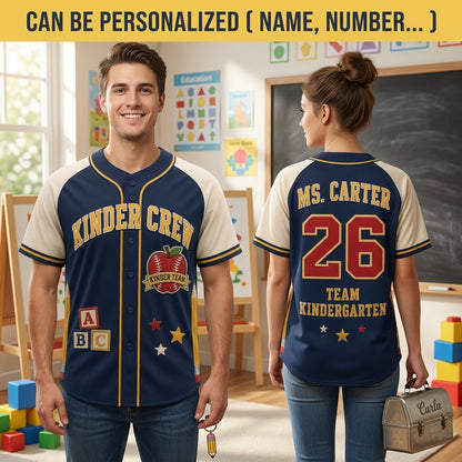 Personalized Kindergarten Teacher Baseball Jersey - Custom Name Kinder Crew School Spirit Apparel