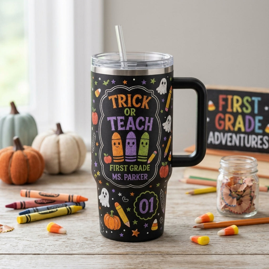 Personalized Trick Or Teach 40oz Tumbler with Handle, Custom Teacher Halloween Gift, First Grade School Chalkboard Design