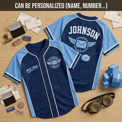 Personalized Mail Crew Delivering Smiles Baseball Jersey - Custom Name Postal Worker Gift