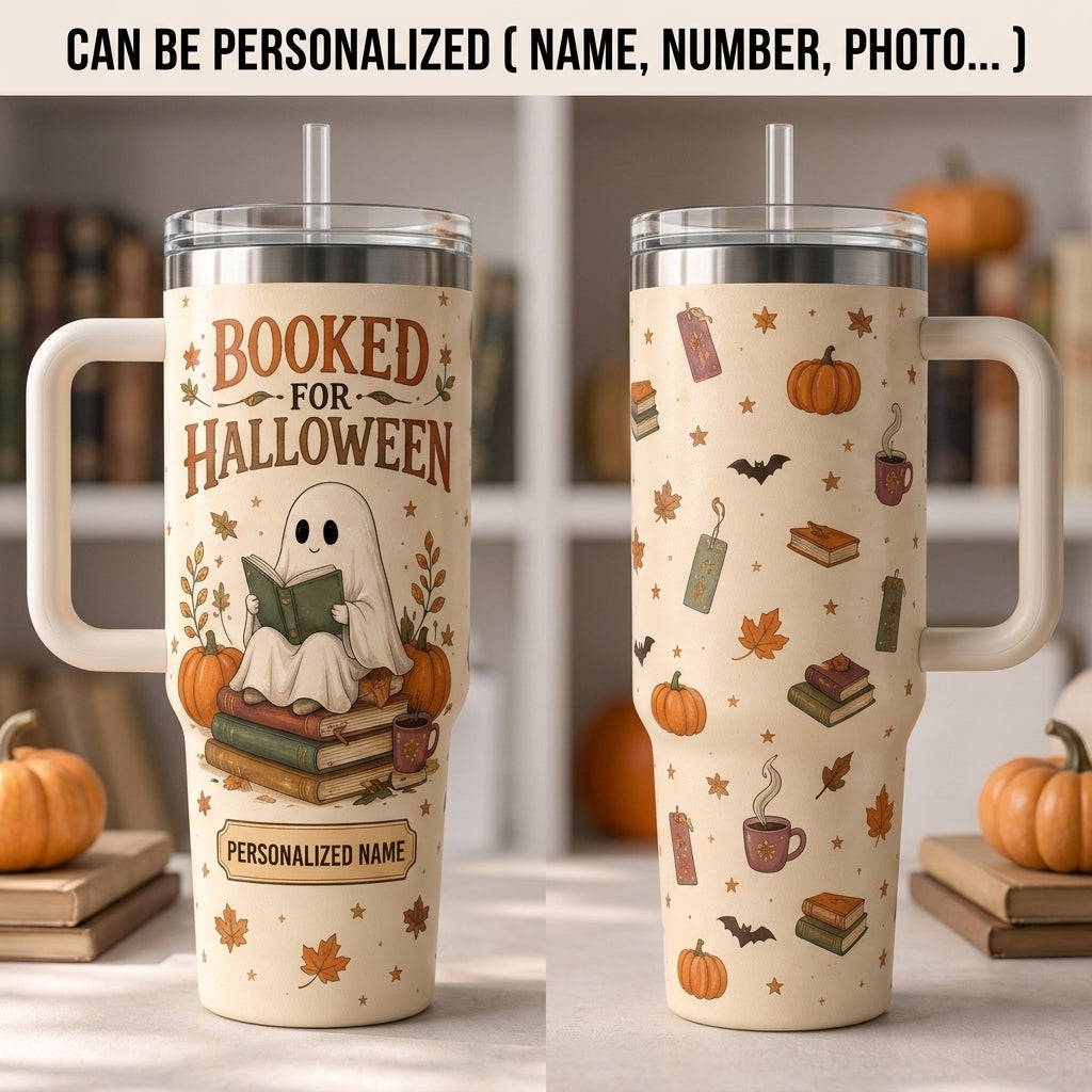 Personalized Booked for Halloween 40oz Tumbler - Custom Ghost Reading Books Gift for Teacher & Librarian