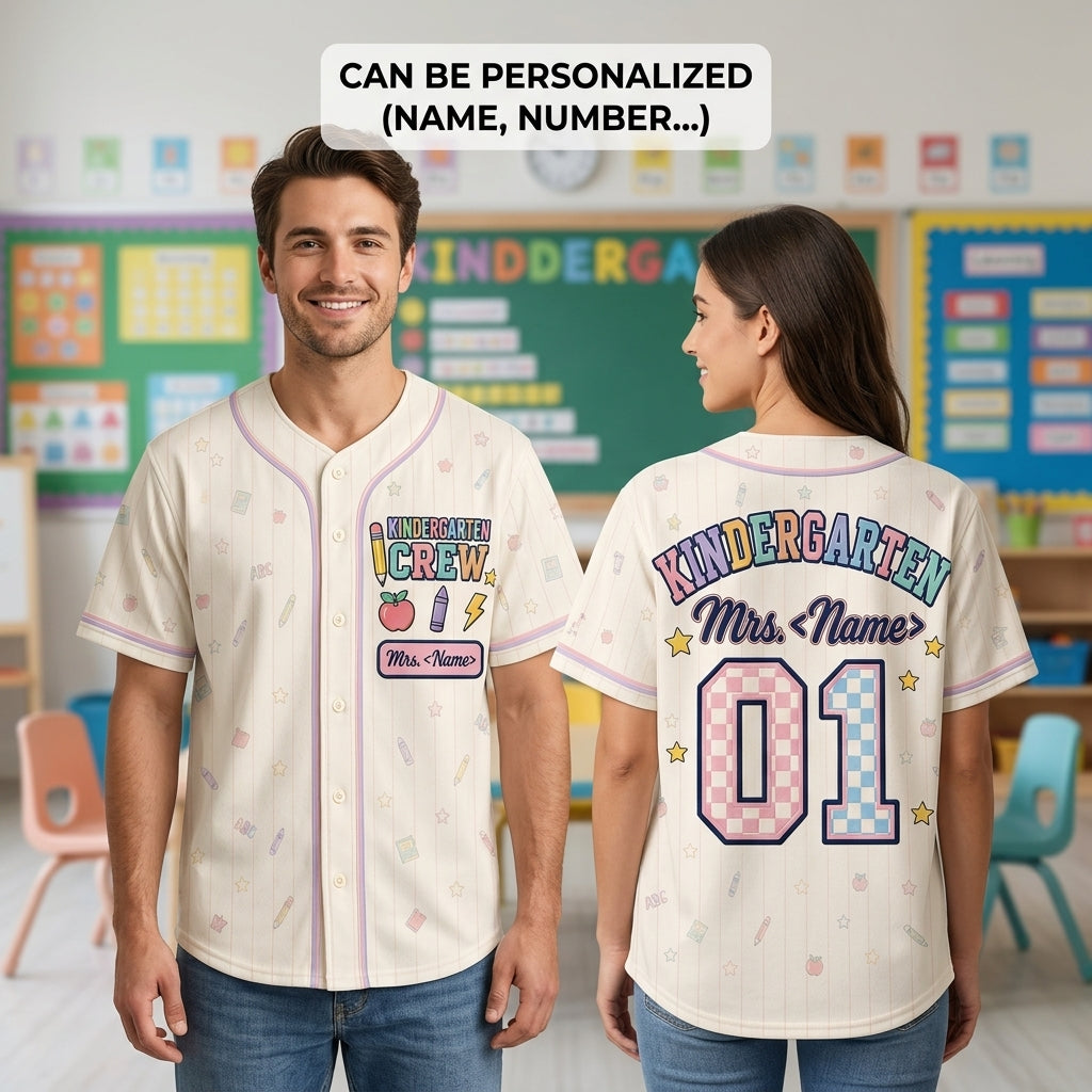 Personalized Kindergarten Crew Baseball Jersey - Custom Teacher Name and Number Back to School Spirit Shirt