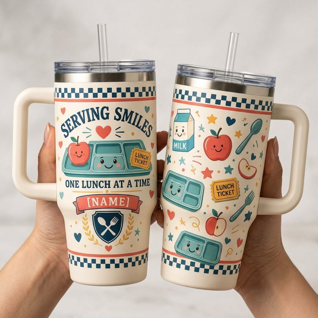 Personalized Serving Smiles One Lunch At A Time 40oz Tumbler with Handle - Custom Lunch Lady Appreciation Gift - 40oz tumbler mockup 4