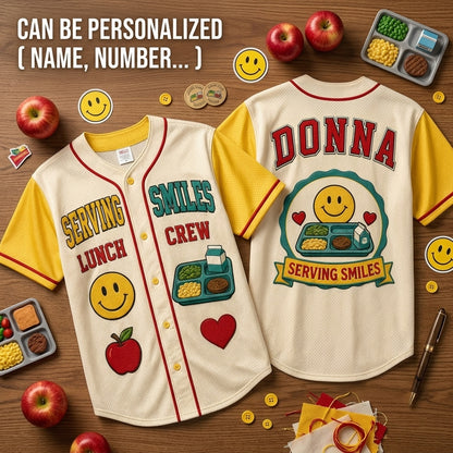 Personalized Serving Smiles Lunch Crew Baseball Jersey - Custom Name School Cafeteria Worker Gift