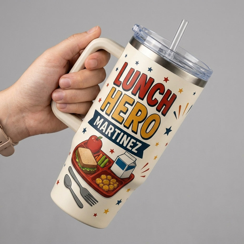 Personalized Lunch Hero 40oz Tumbler with Handle - Custom Cafeteria Crew Gift for School Nutrition Staff