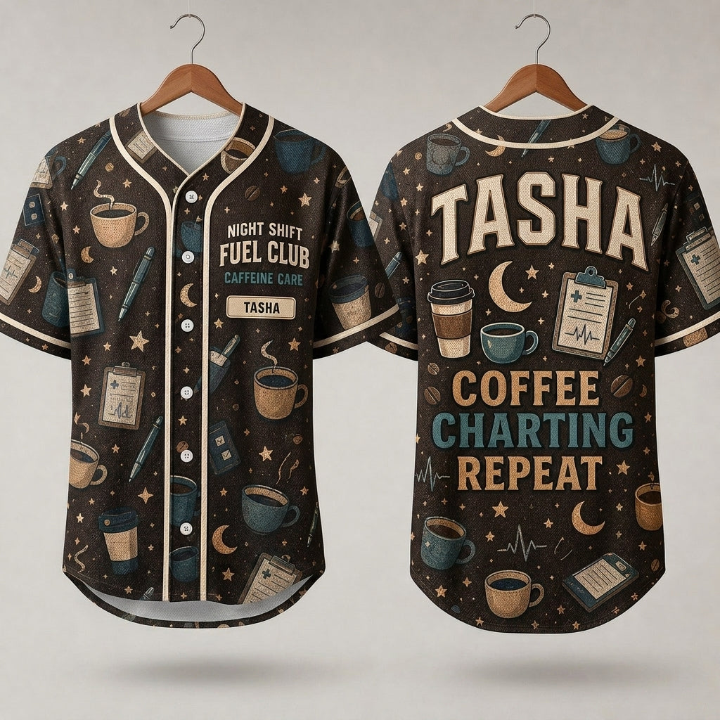 Personalized Night Shift Fuel Club Baseball Jersey - Custom Nurse Coffee & Charting Medical Gift