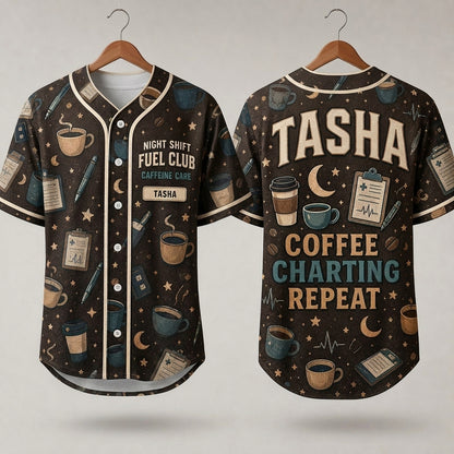 Personalized Night Shift Fuel Club Baseball Jersey - Custom Nurse Coffee & Charting Medical Gift