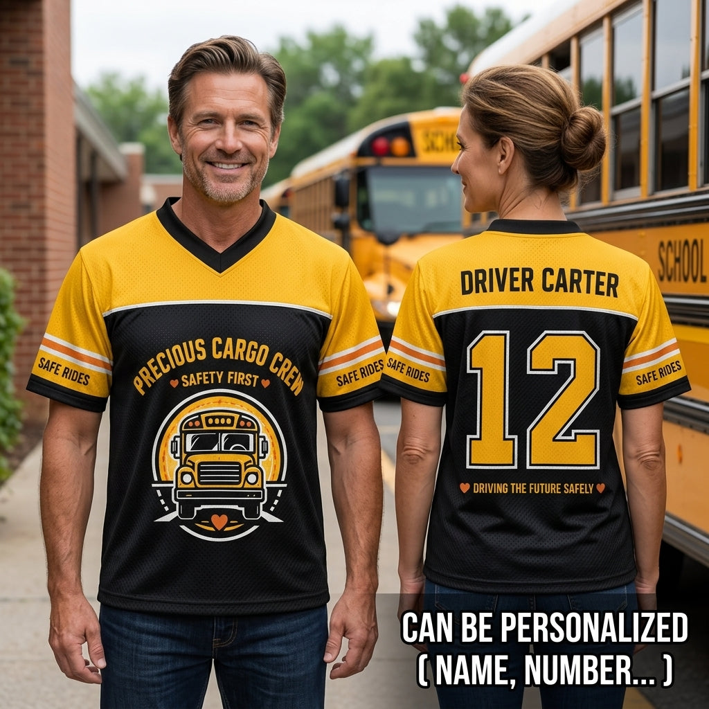 Personalized School Bus Driver Football Jersey - Custom Name & Number Precious Cargo Crew Mesh Shirt