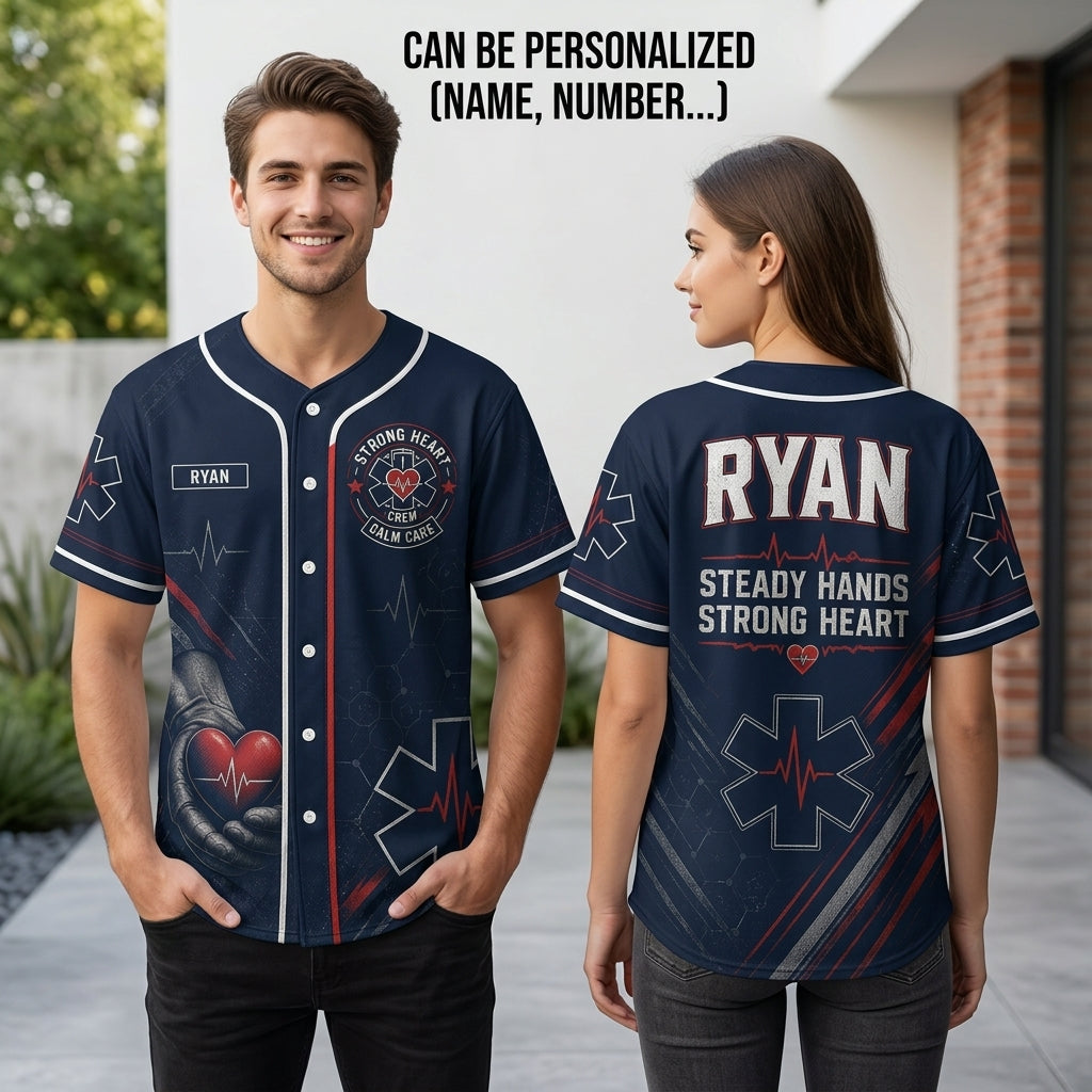 Personalized EMS Paramedic Baseball Jersey - Custom Name First Responder Uniform - Steady Hands Strong Heart Navy Shirt