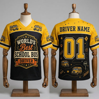 Personalized World's Best School Bus Driver Football Jersey - Custom Name and Number Mesh Sports Shirt